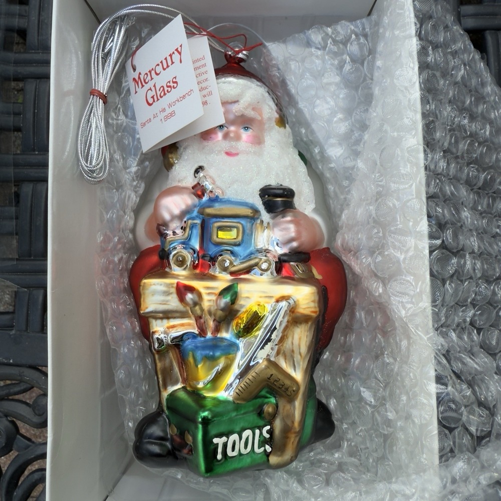 Vtg Dept 56 Mercury Glass Santa Workbench Tool Handblown LARGE 8" Ornament Shiny